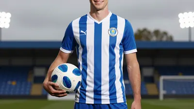 A photograph of an anonymous Barrow AFC player, wearing a blue and white striped shirt with a white collar, and a pair of...