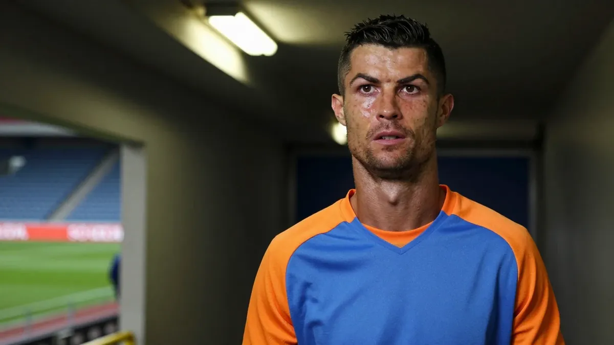 A close-up shot of a seasoned, 35-year-old striker with a rugged build, wearing a plain blue and orange polyester...
