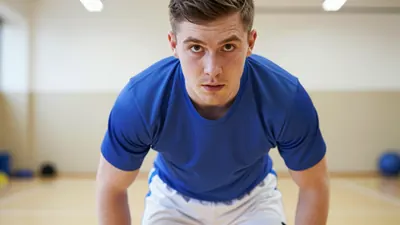 A close-up shot of an anonymous Barrow Raiders player, wearing a blue jersey and white shorts, with a determined...