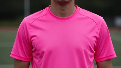 A mid-30s male Barrow staff member, waist-up, wearing the neon electric pink third kit fabric, smooth solid colour...