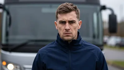 A mid-30s Barrow coach in a navy blue training jacket, head-and-shoulders, intense expression, background blurred Holker...