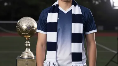 A 30-year-old, 5'10" male, wearing a navy blue and white football kit, with a white collar and navy blue sleeves, and a...