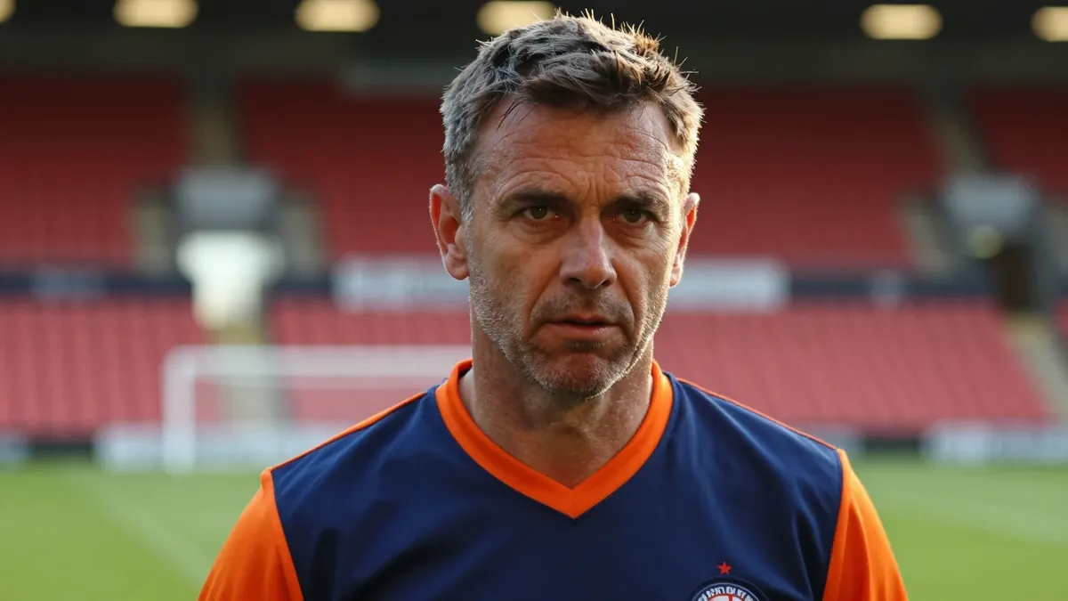 A close-up shot of a middle-aged, ruggedly-built, Barrow FC assistant coach, dressed in a plain, unmarked blue and orange...